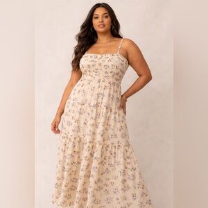 Eloquii Cream Floral Smocked Tiered Maxi Dress